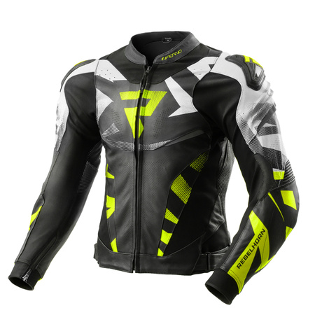Motocyklowa Kurtka Skórzana Rebelhorn Inferno Black/White/Fluo Yellow